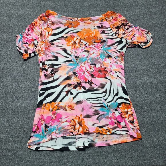 Jennifer Lopez Womens Jersey Top Blouse M Multicolor Stretch Graphic Print Boho - Picture 6 of 7